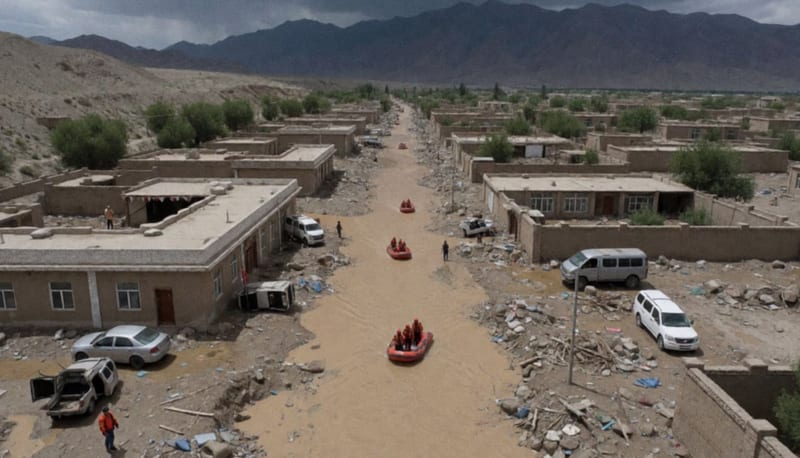 Zonas residenciales inundadas con agua y lodo cubriendo calles y casas en región árida