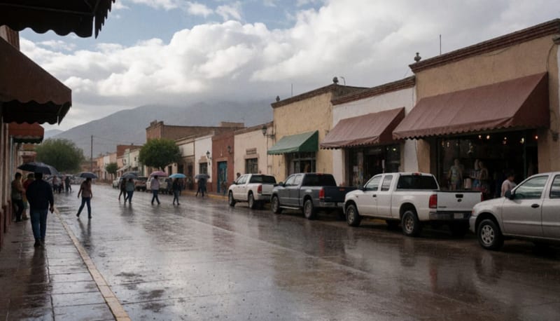 Calle mojada en una localidad del centro-sur de Chihuahua bajo cielo nublado con lluvia ligera