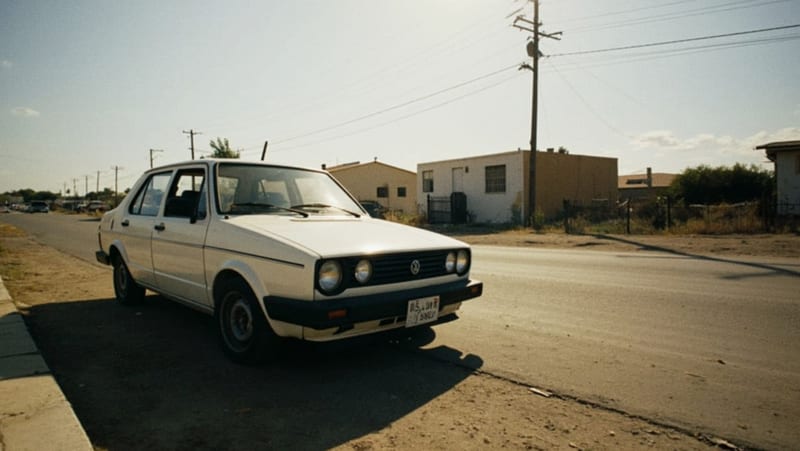 Automóvil Volkswagen Jetta blanco estacionado en una calle residencial de Parral