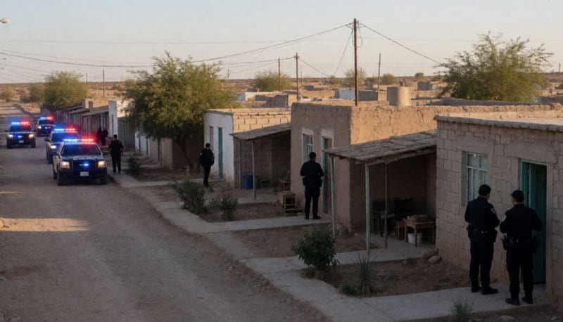 Calle residencial con viviendas modestas en localidad del norte de México, luces de patrullas iluminando la zona al atardecer