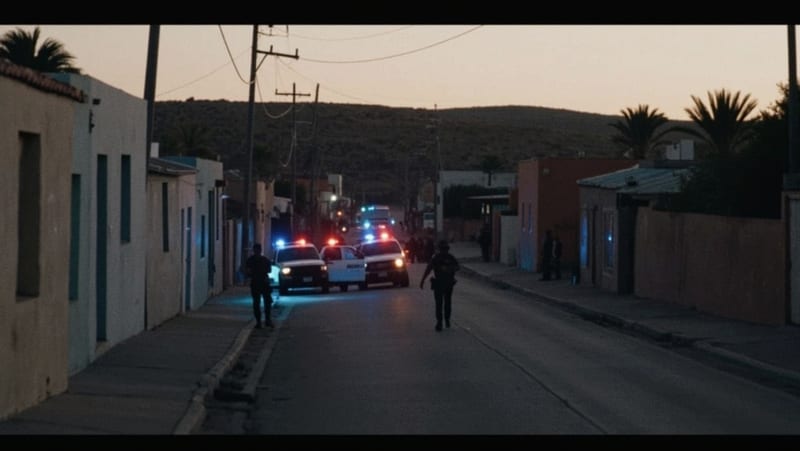 Calles residenciales de un pueblo del norte de México con luces de patrullas destellando en la tarde