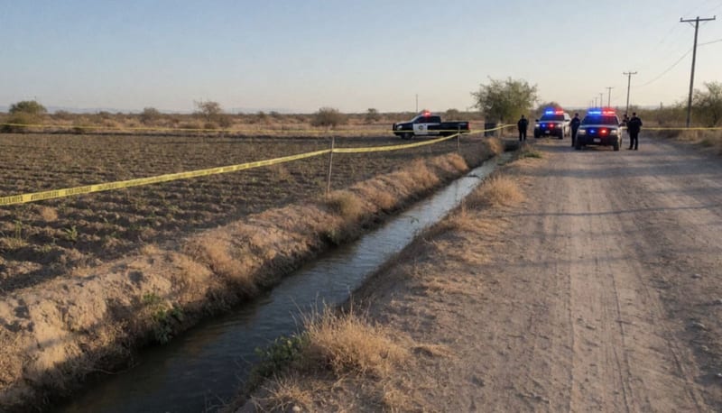 Escena de crimen acordonada en tierras de cultivo de la capital chihuahuense con luces de emergencia activas