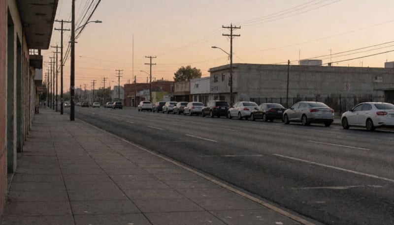 Avenida amplia de Ciudad Juárez al atardecer, con banquetas vacías y autos a lo lejos