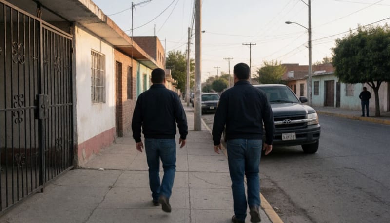 Dos hombres caminan de espaldas por una calle residencial con casas bajas y una camioneta estacionada al atardecer