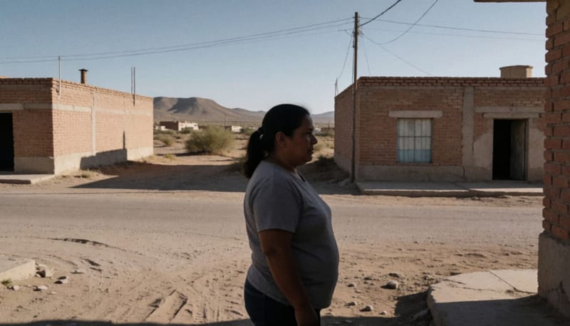 Mujer de pie en una calle de un pueblo desértico del norte de México con edificios de ladrillo al fondo
