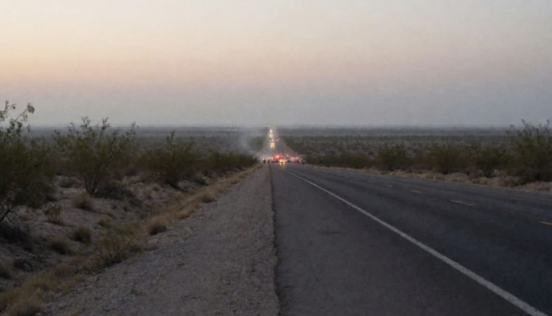 Carretera desértica al amanecer con luces de emergencia en la distancia sobre el pavimento