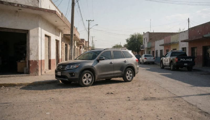 Camioneta gris estacionada en una esquina de un poblado con una patrulla al fondo