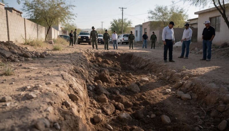 Zona de excavación en predio residencial con personal de investigación en operativo de búsqueda