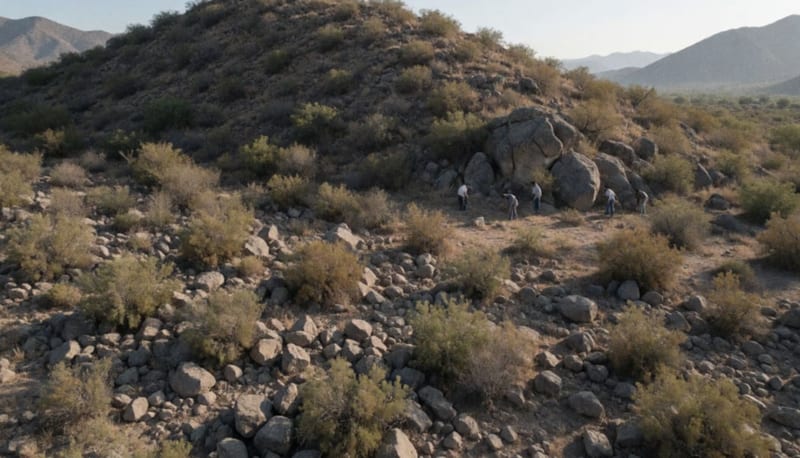 Terreno rocoso con vegetación desértica al pie de un cerro en la región de Chihuahua