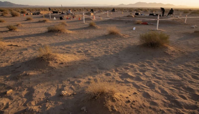 Sitio de excavación en terreno desértico con marcadores forenses en zona de fosas clandestinas