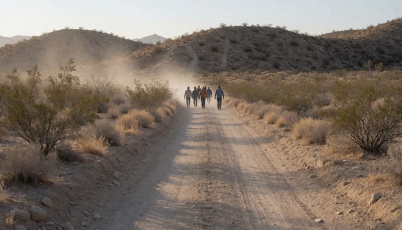 Brecha de terracería entre matorral seco y lomas, con un grupo de personas a lo lejos