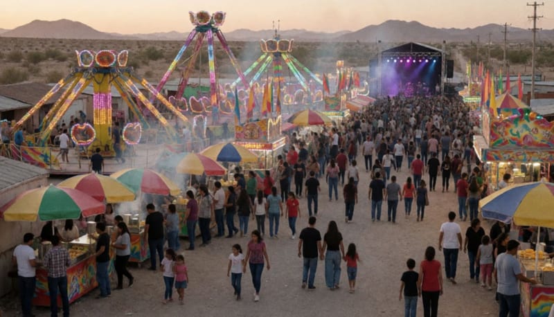Familias disfrutando de juegos mecánicos y stands de comida en la feria con iluminación al atardecer