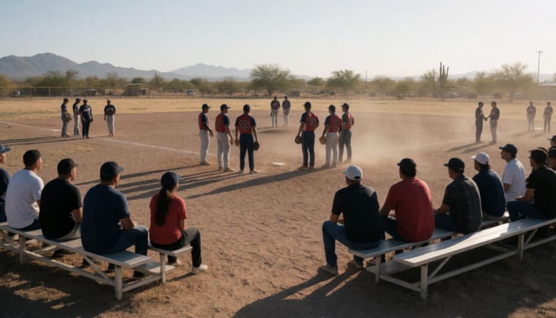 Jugadores reunidos en el diamante de una cancha de béisbol ante las gradas con espectadores bajo el sol del desierto