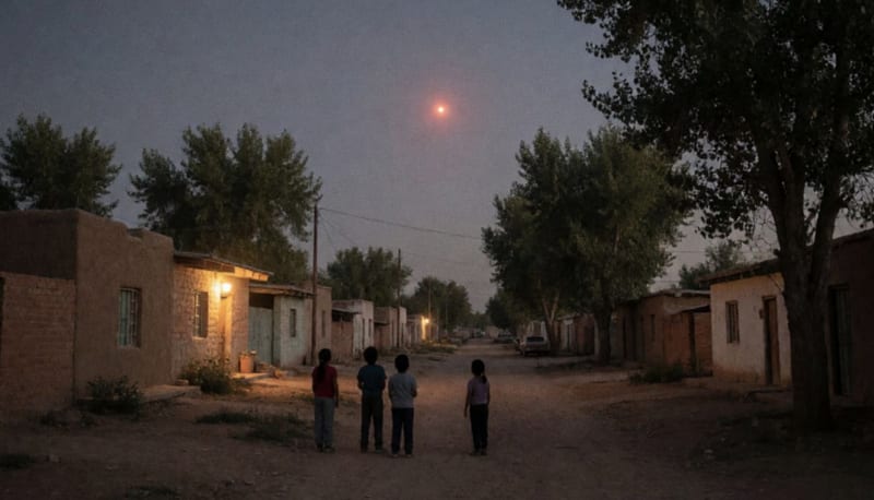 Niños vistos de espaldas en una calle de un pueblo al anochecer miran una tenue luz rojiza en el cielo