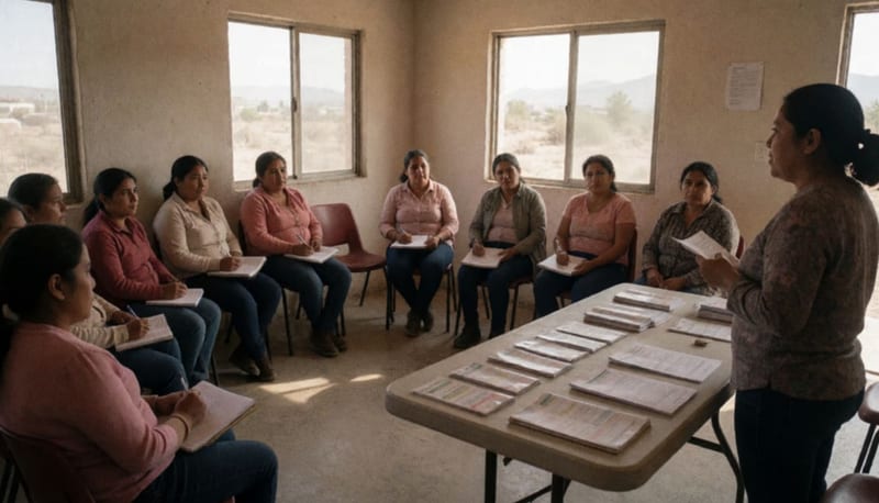 Mujeres reunidas en una sala comunitaria escuchando una charla sobre planificación financiera