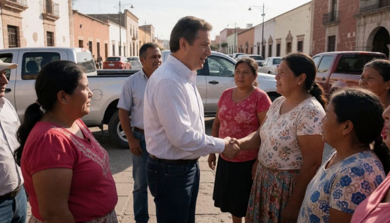 Candidato saludando a vecinos en una plaza de un municipio de Chihuahua
