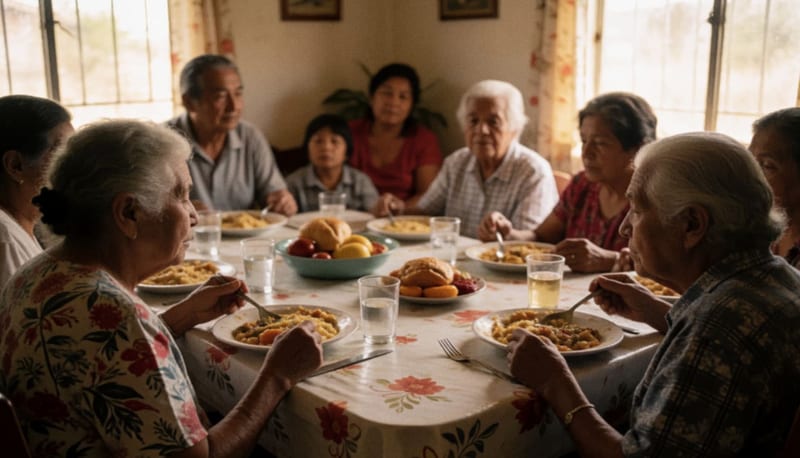 Abuelos y familia compartiendo alimentos alrededor de una mesa en el hogar