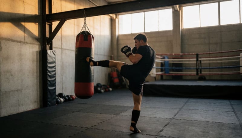 Peleador de kickboxing lanza una patada a un costal pesado en un gimnasio amplio con tapetes de hule y luz de tarde