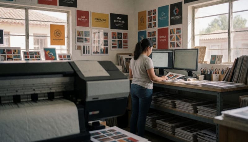 Mujer trabajando en equipos de impresión digital dentro de un taller gráfico del sur de Chihuahua