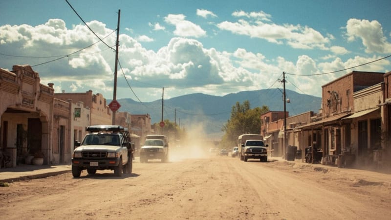 Calle polvorienta de una localidad del norte de México con nubes grises formándose sobre casas de ladrillo y camionetas estacionadas