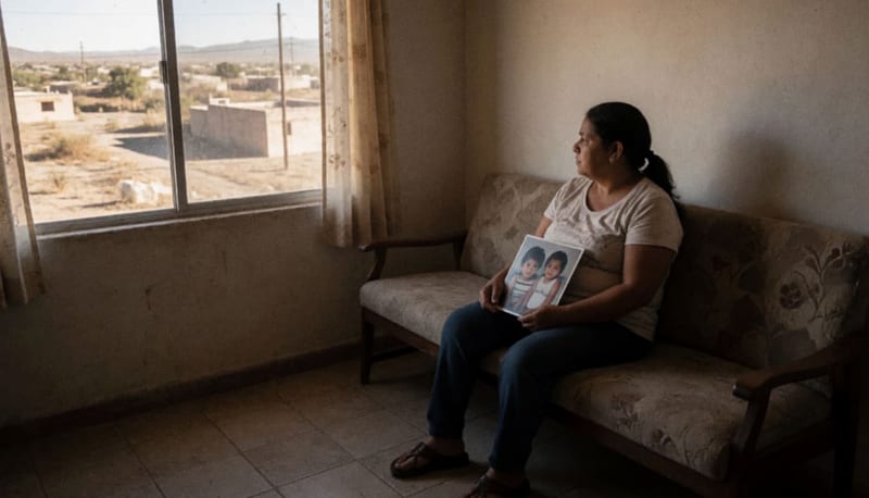 Mujer mirando una fotografía de sus hijas en una sala de su casa en Delicias