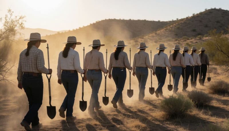 Mujeres con sombreros y herramientas manuales caminan en fila de espaldas por un terreno árido al atardecer