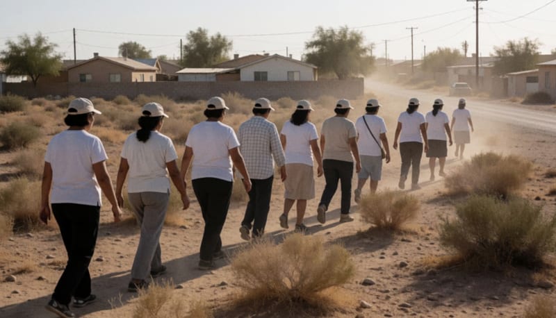 Grupo de mujeres caminando en fila de espaldas por un terreno árido a las afueras de un pueblo fronterizo al atardecer