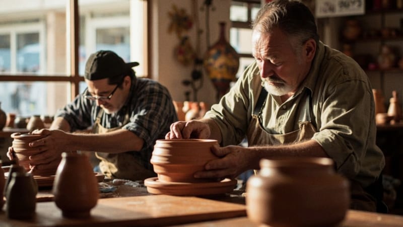 Maestros artesanos moldeando cerámica tradicional con sus manos en un taller iluminado naturalmente