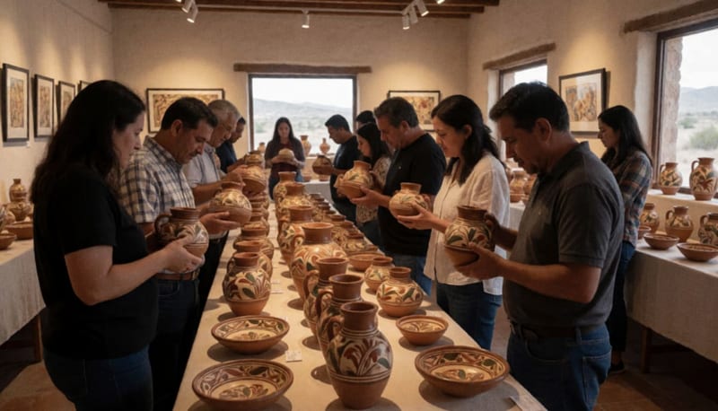 Exposición de cerámica artesanal en el Centro Cultural de Artes Plásticas con visitantes observando las piezas de alfarería tradicional