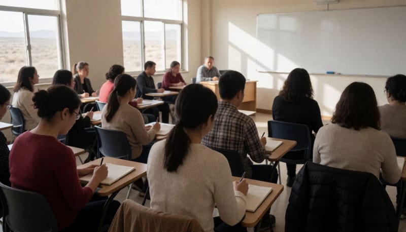 Maestros y directivos en una sala de capacitación, tomando notas durante un taller de educación inclusiva