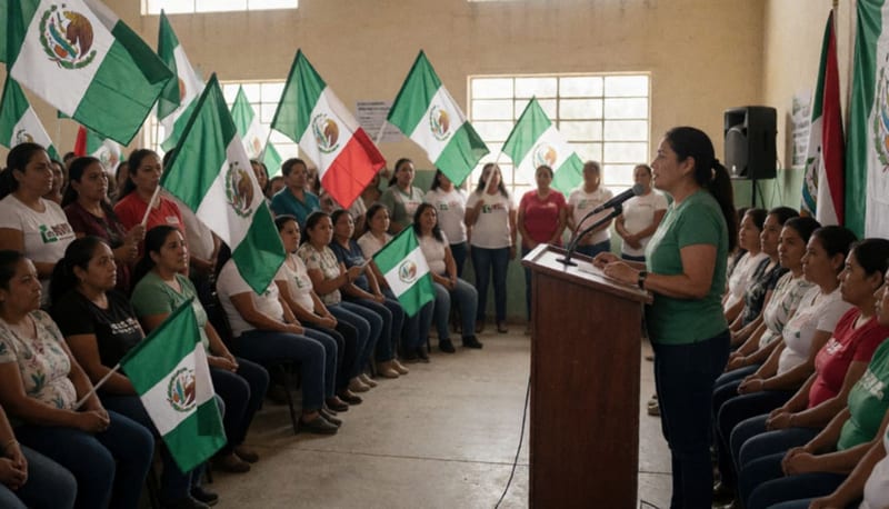 Asamblea de Morena en salón comunitario con cientos de personas ondeando banderas verdes