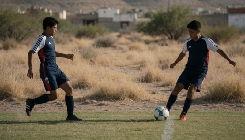 Dos jóvenes futbolistas entrenando con balón en un campo de tierra roja bajo el cielo despejado del norte
