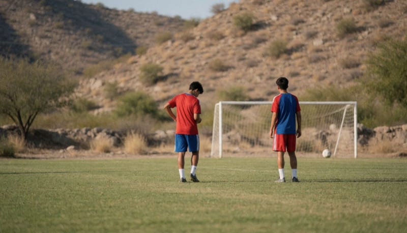 Dos jóvenes futbolistas en uniforme de entrenamiento sobre un campo de pasto con cerros áridos al fondo