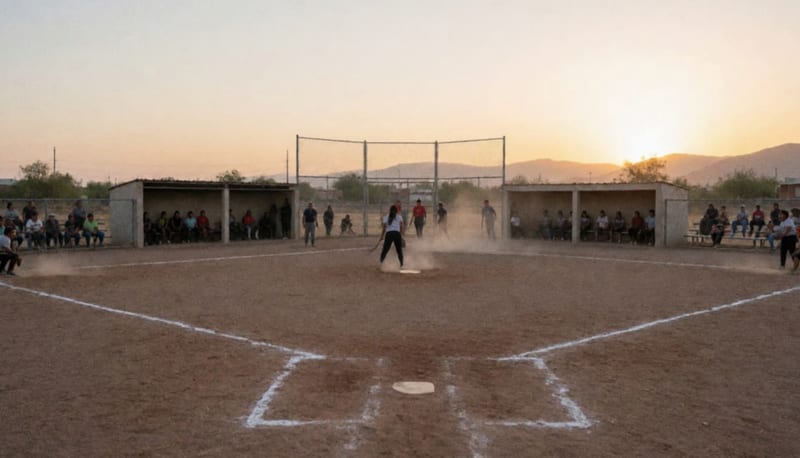 Diamante de softbol con jugadores en acción al atardecer en las canchas de Parral