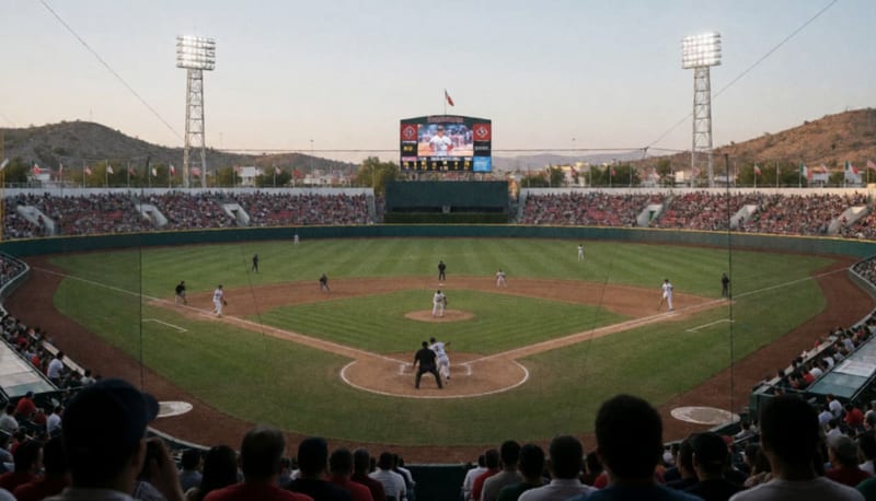 Escena del diamante durante un juego de béisbol en el estadio, con jugadores en acción y colinas del desierto al fondo