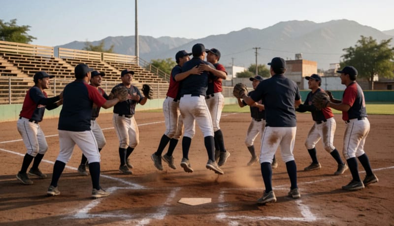 Jugadores celebrando sobre el terreno de juego después de ganar el campeonato estatal de béisbol