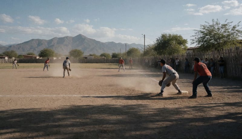 Jugadores en posición durante un partido de béisbol en una cancha de polvo con montañas al fondo