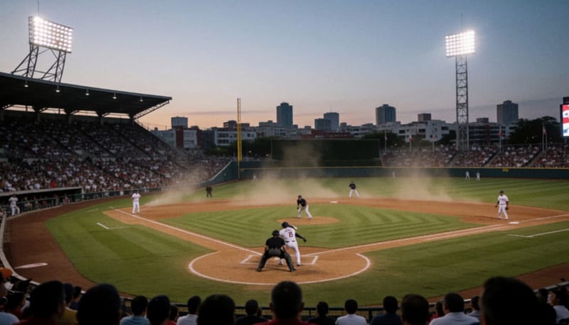 Jugadores en acción durante un partido de béisbol bajo las luces del Estadio Monumental al atardecer