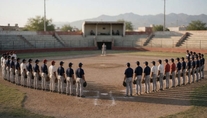 Equipos de béisbol alineados en el campo listo para iniciar la serie final estatal