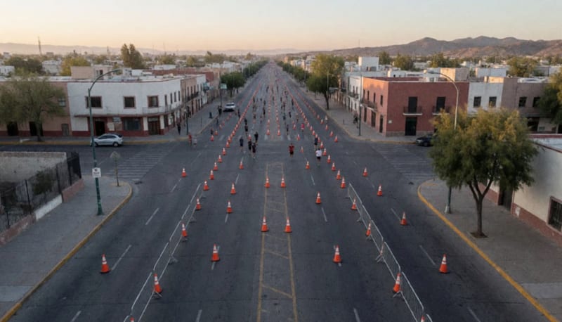Vista aérea de una avenida amplia sin tráfico al amanecer con conos naranjas y corredores a lo lejos