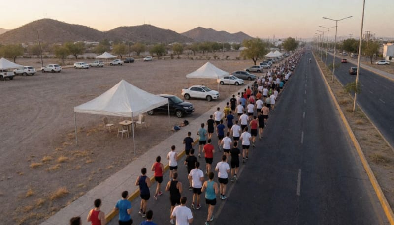 Vista aérea de una fila de corredores avanzando por un amplio bulevar al amanecer junto a un terreno abierto con toldos blancos