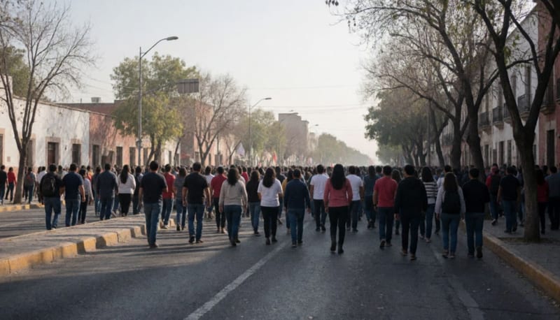 Multitud marchando de espaldas por una avenida amplia en la mañana