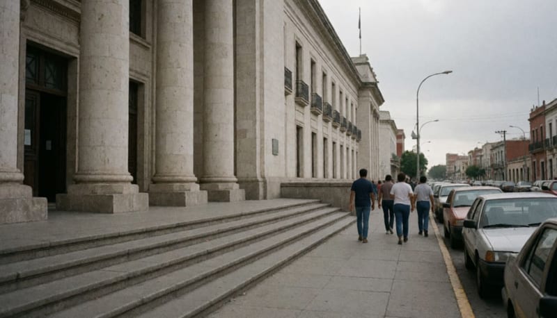 Fachada y escalinatas de un edificio de gobierno con algunas personas caminando a lo lejos bajo un cielo nublado