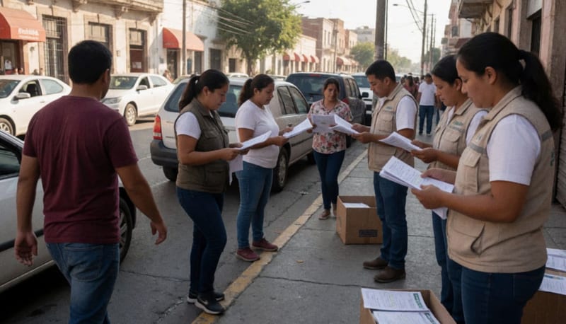 Trabajadores municipales distribuyen documentos sobre logros administrativos en una calle de la capital chihuahuense