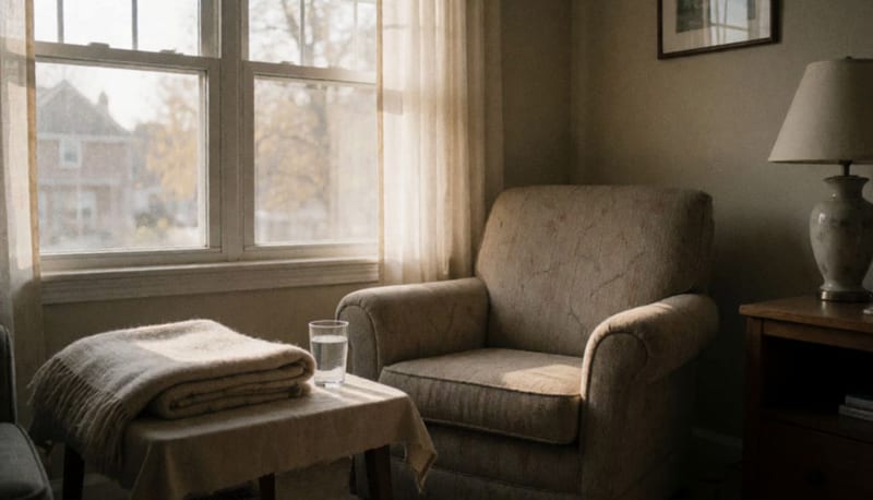 Sala tranquila con un sillón vacío junto a una ventana, con una manta doblada y un vaso de agua