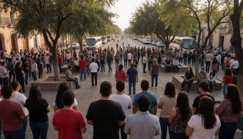 Multitud reunida en una plaza del centro de una ciudad fronteriza al atardecer, vista desde atrás y en lo alto