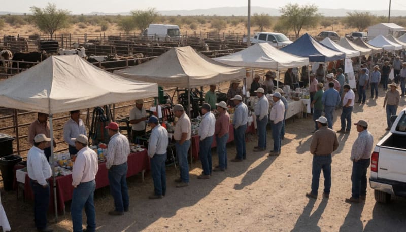 Ganaderos lecheros reunidos en una explanada de exposición agrícola en zona semiárida del norte de México