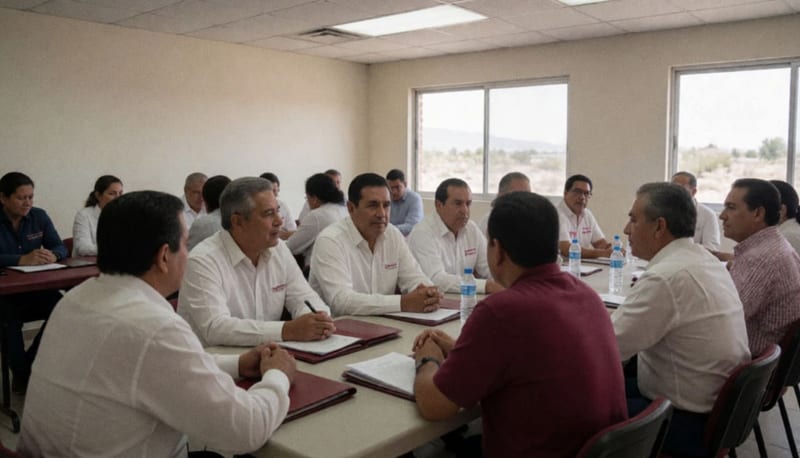 Dirigentes y militantes del PAN sentados en una reunión de trabajo en Delicias