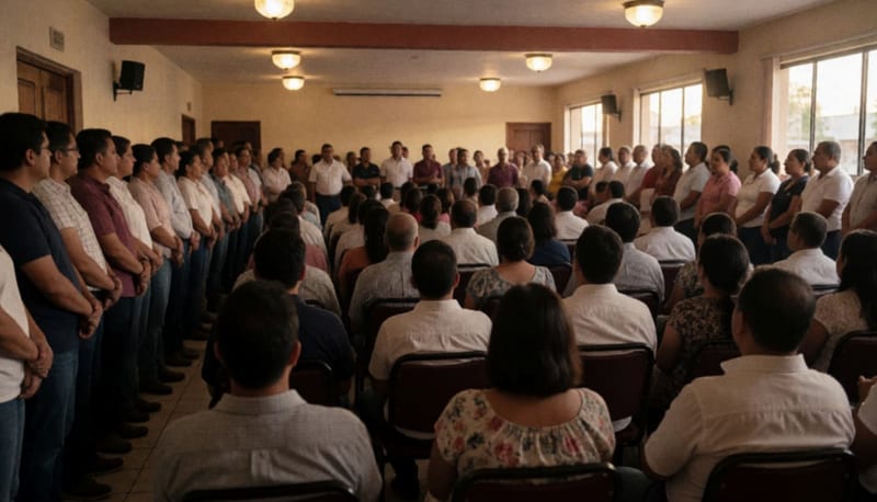 Salón lleno de asistentes durante un acto político de la estructura panista en Delicias