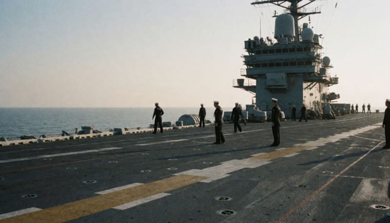 Marineros en la cubierta de un portaaviones en el océano, con el horizonte marino y la estructura del buque al fondo